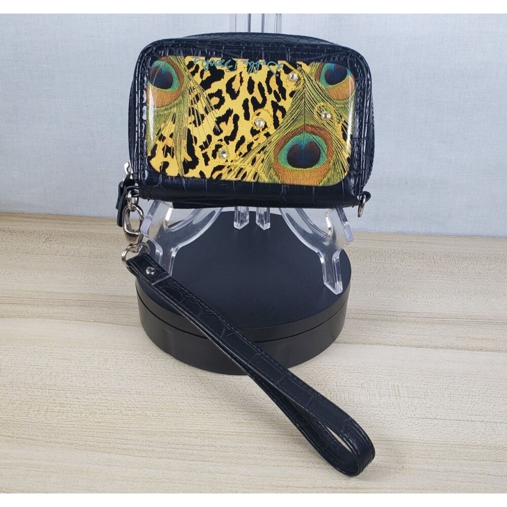 Debbie Brooks Black Peacock Animal Print Rhinestone Wristlet Wallet Phone Case